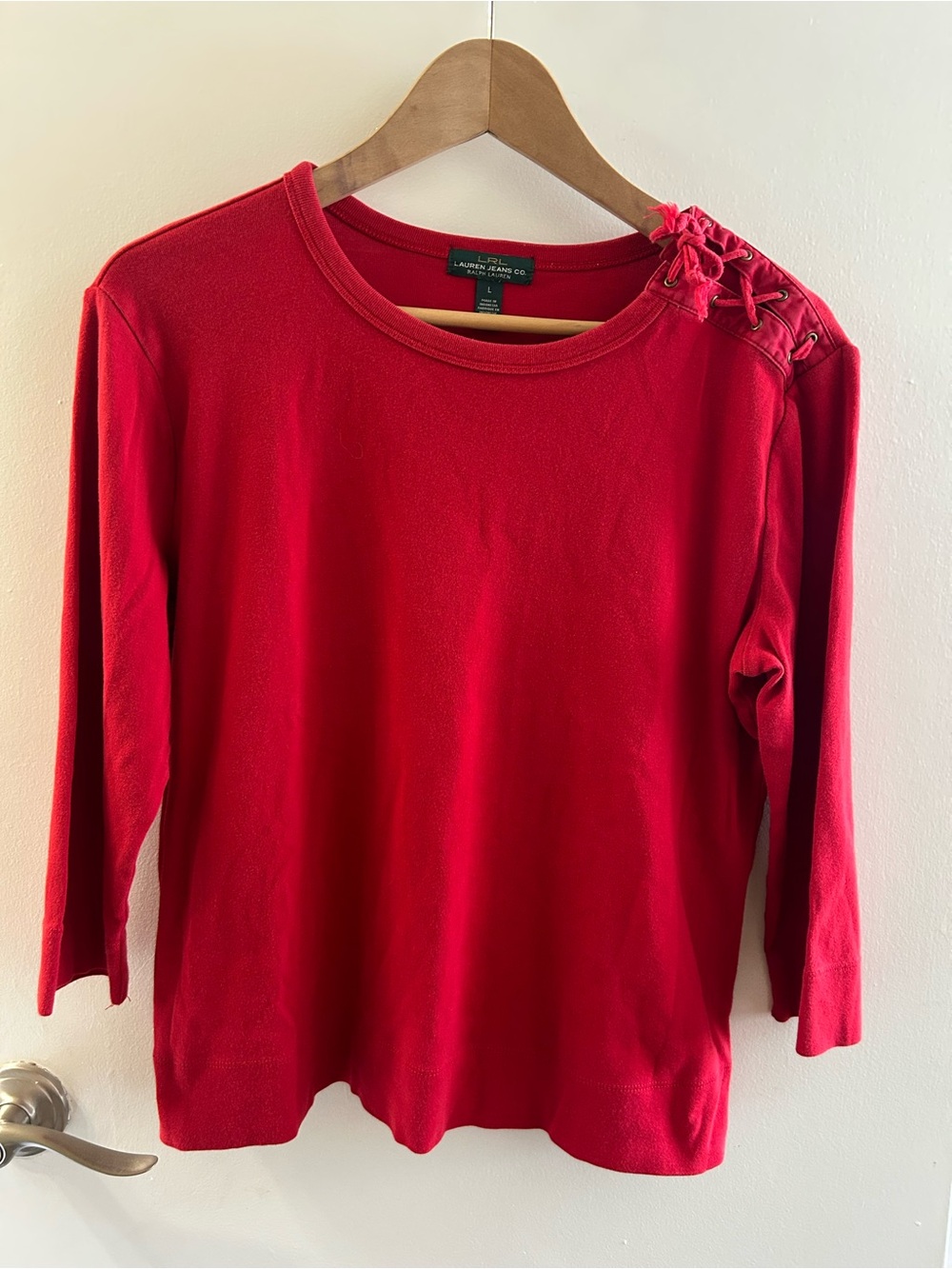 Lauren Ralph Lauren Bright Red Shoulder Lace-Up Knit Top